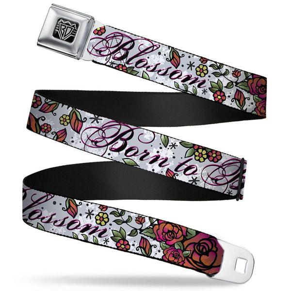 Buckle-Down BD Wings Logo CLOSE-UP Full Color Black Silver Seatbelt Belt - Born to Blossom White Webbing