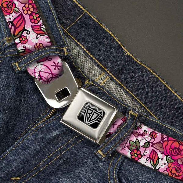 Buckle-Down BD Wings Logo CLOSE-UP Full Color Black Silver Seatbelt Belt - Born To Blossom Pink Webbing
