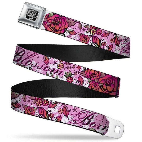 Buckle-Down BD Wings Logo CLOSE-UP Full Color Black Silver Seatbelt Belt - Born to Blossom Pink Webbing