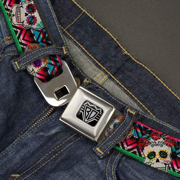 Buckle-Down BD Wings Logo CLOSE-UP Full Color Black Silver Seatbelt Belt - Sugar Skulls Zarape Multi Color Webbing