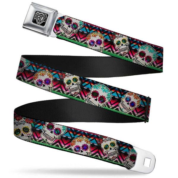 Buckle-Down BD Wings Logo CLOSE-UP Full Color Black Silver Seatbelt Belt - Sugar Skulls Zarape Multi Color Webbing