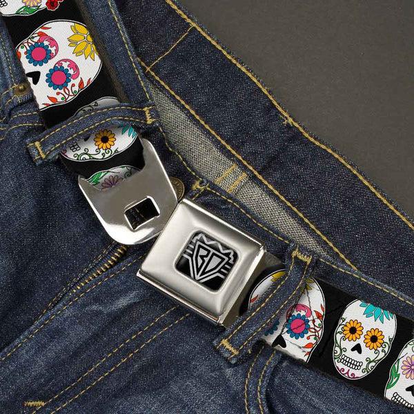 Buckle-Down BD Wings Logo CLOSE-UP Full Color Black Silver Seatbelt Belt - Sugar Skull Outline Black/Multi Color Webbing