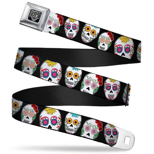 Buckle-Down BD Wings Logo CLOSE-UP Full Color Black Silver Seatbelt Belt - Sugar Skull Outline Black/Multi Color Webbing