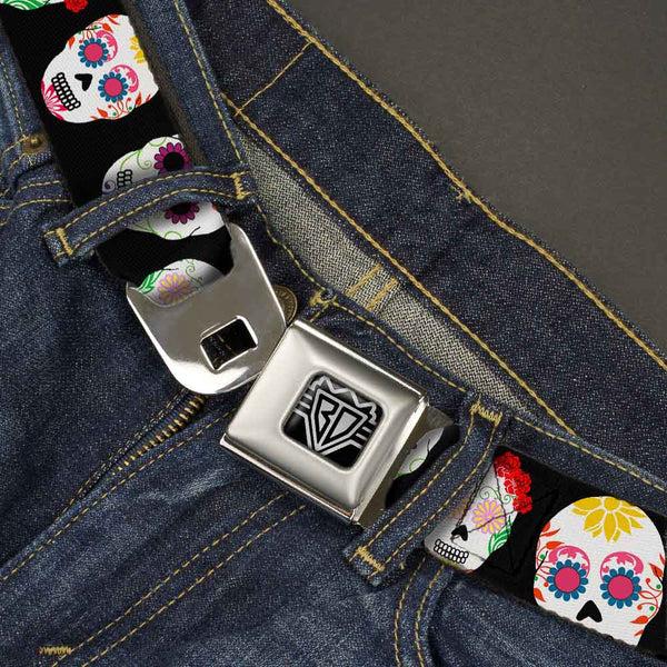 Buckle-Down BD Wings Logo CLOSE-UP Full Color Black Silver Seatbelt Belt - Staggered Sugar Skulls Black/Multi Color Webbing