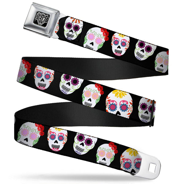 Buckle-Down BD Wings Logo CLOSE-UP Full Color Black Silver Seatbelt Belt - Staggered Sugar Skulls Black/Multi Color Webbing