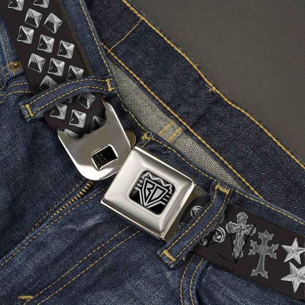 Buckle-Down BD Wings Logo CLOSE-UP Full Color Black Silver Seatbelt Belt - Elegant Crosses/Stars/Studs Black/Grays Webbing