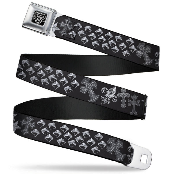 Buckle-Down BD Wings Logo CLOSE-UP Full Color Black Silver Seatbelt Belt - Elegant Crosses/Stars/Studs Black/Grays Webbing