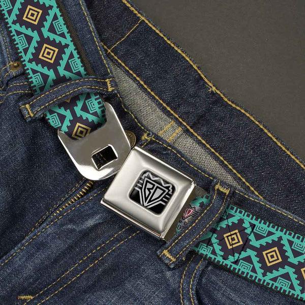 Buckle-Down BD Wings Logo CLOSE-UP Full Color Black Silver Seatbelt Belt - Geometric6 Navy/Turquoise/Gold Webbing