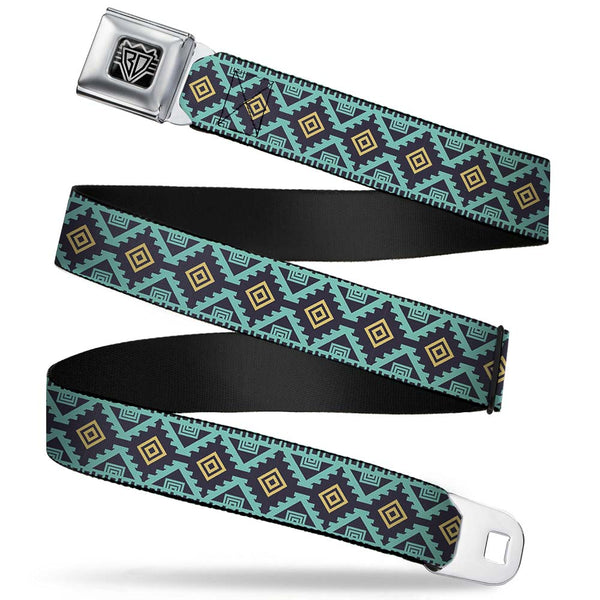 Buckle-Down BD Wings Logo CLOSE-UP Full Color Black Silver Seatbelt Belt - Geometric6 Navy/Turquoise/Gold Webbing
