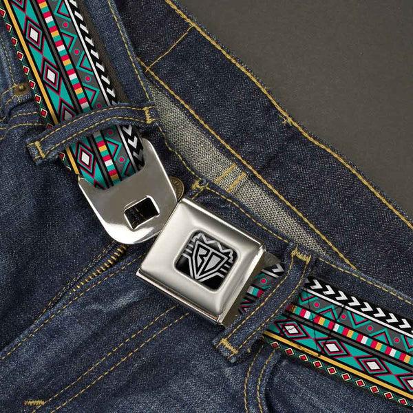 Buckle-Down BD Wings Logo CLOSE-UP Full Color Black Silver Seatbelt Belt - Geometric5 Gray/Teal/White/Pink/Yellow Webbing