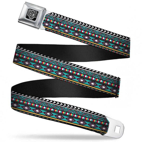 Buckle-Down BD Wings Logo CLOSE-UP Full Color Black Silver Seatbelt Belt - Geometric5 Gray/Teal/White/Pink/Yellow Webbing