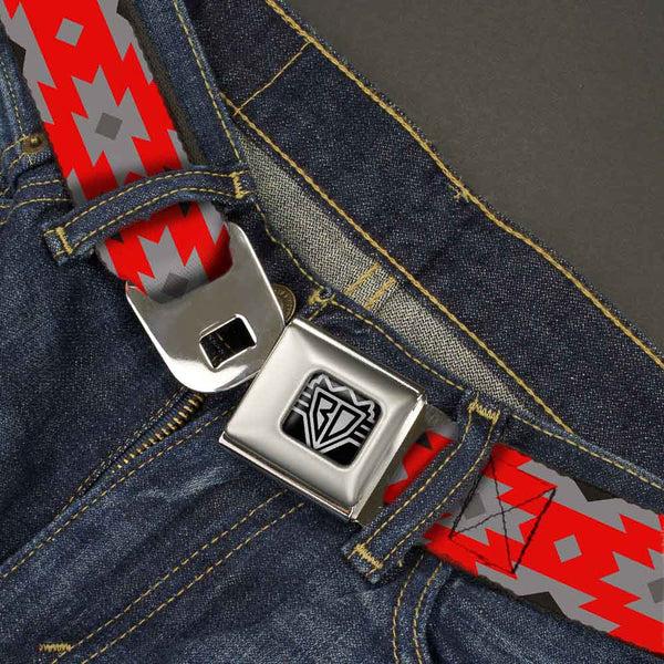 Buckle-Down BD Wings Logo CLOSE-UP Full Color Black Silver Seatbelt Belt - Navajo Gray/Red/Gray/Black Webbing