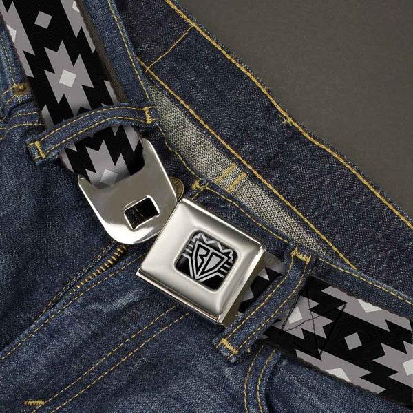 Buckle-Down BD Wings Logo CLOSE-UP Full Color Black Silver Seatbelt Belt - Navajo Gray/Black/Gray/White Webbing