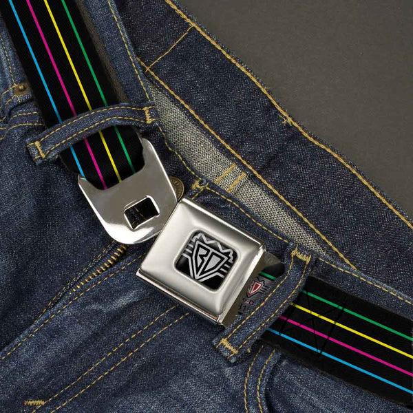 Buckle-Down BD Wings Logo CLOSE-UP Full Color Black Silver Seatbelt Belt - Pinstripes Black/Multi Color Webbing