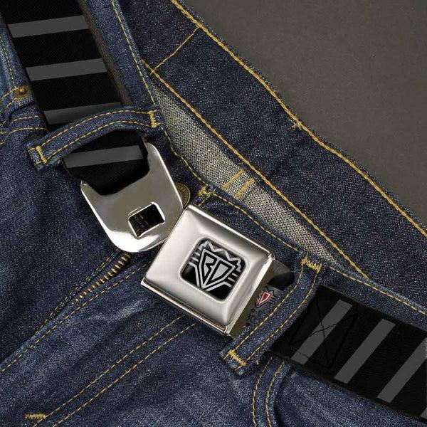 Buckle-Down BD Wings Logo CLOSE-UP Full Color Black Silver Seatbelt Belt - Diagonal Stripes Black/Gray Webbing