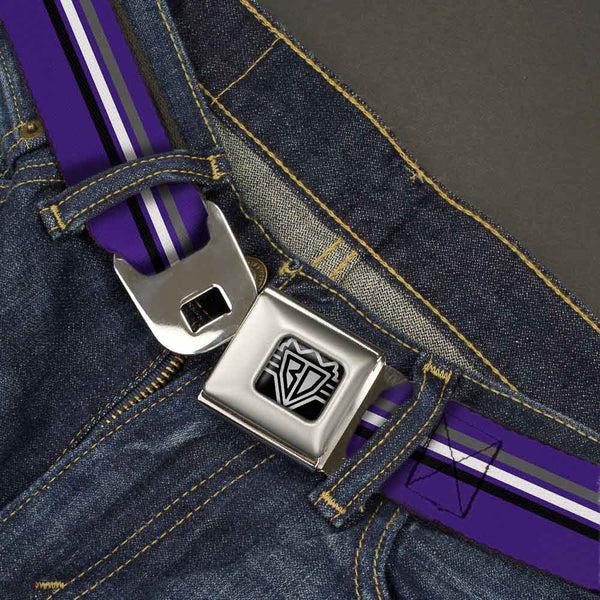 Buckle-Down BD Wings Logo CLOSE-UP Full Color Black Silver Seatbelt Belt - Racing Stripes Purple/Gray/White/Black Webbing