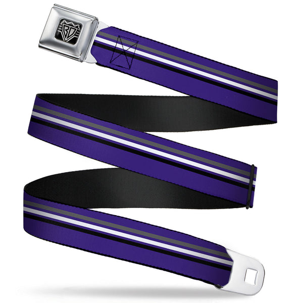 Buckle-Down BD Wings Logo CLOSE-UP Full Color Black Silver Seatbelt Belt - Racing Stripes Purple/Gray/White/Black Webbing