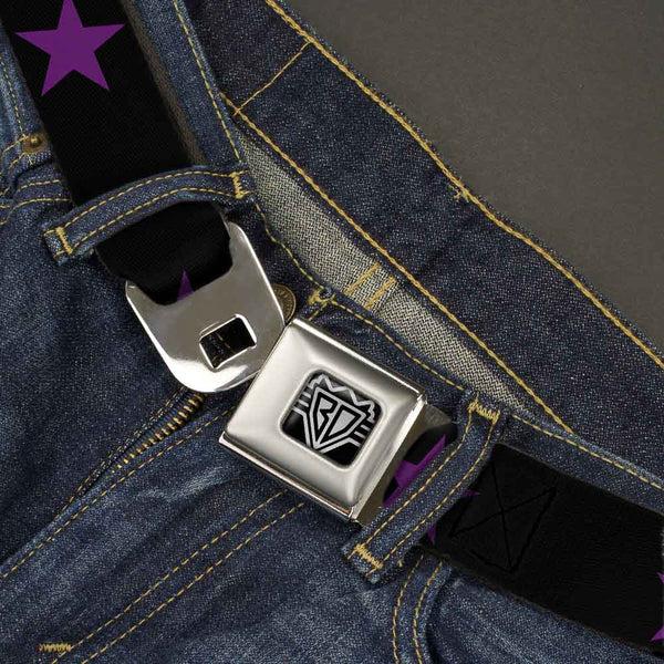 Buckle-Down BD Wings Logo CLOSE-UP Full Color Black Silver Seatbelt Belt - Star Black/Purple Webbing