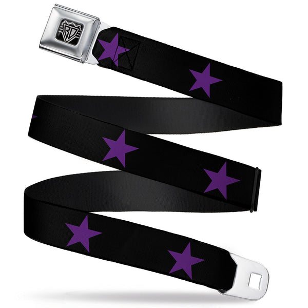 Buckle-Down BD Wings Logo CLOSE-UP Full Color Black Silver Seatbelt Belt - Star Black/Purple Webbing