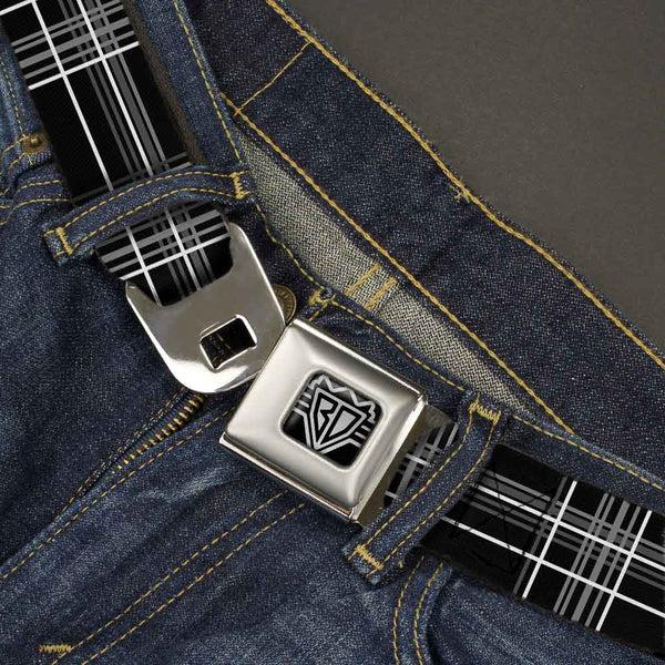 Buckle-Down BD Wings Logo CLOSE-UP Full Color Black Silver Seatbelt Belt - Plaid Black/Gray Webbing