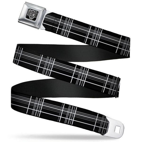 Buckle-Down BD Wings Logo CLOSE-UP Full Color Black Silver Seatbelt Belt - Plaid Black/Gray Webbing