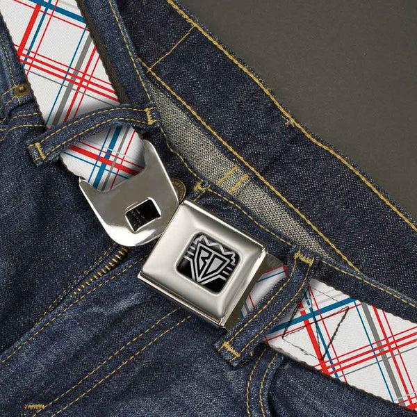 Buckle-Down BD Wings Logo CLOSE-UP Full Color Black Silver Seatbelt Belt - Plaid X White/Red/Turquoise/Gray Webbing