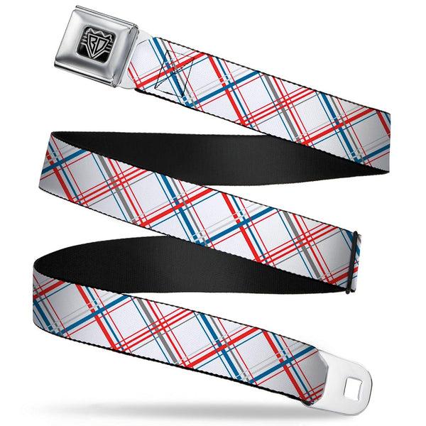 Buckle-Down BD Wings Logo CLOSE-UP Full Color Black Silver Seatbelt Belt - Plaid X White/Red/Turquoise/Gray Webbing