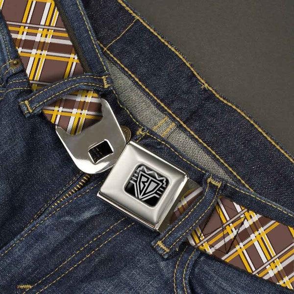 Buckle-Down BD Wings Logo CLOSE-UP Full Color Black Silver Seatbelt Belt - Plaid X Brown/White/Gold Webbing