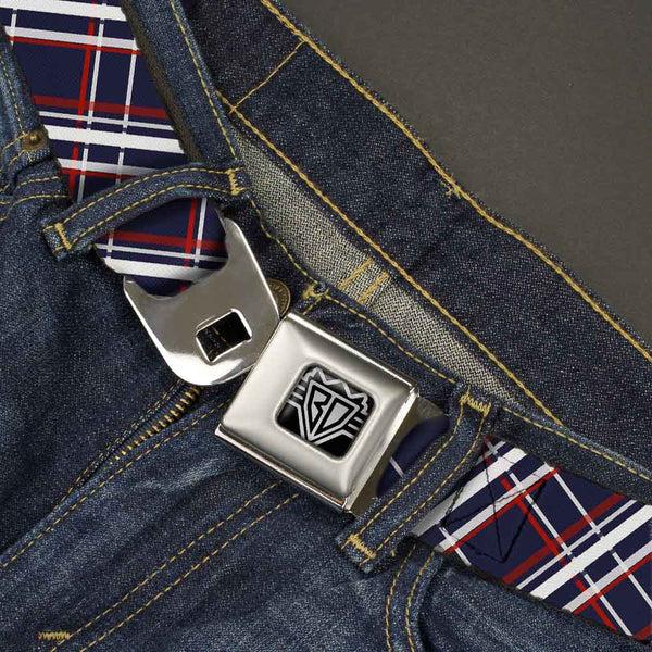 Buckle-Down BD Wings Logo CLOSE-UP Full Color Black Silver Seatbelt Belt - Plaid X Blue/White/Red Webbing