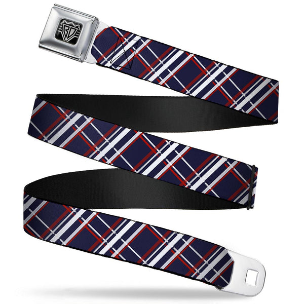 Buckle-Down BD Wings Logo CLOSE-UP Full Color Black Silver Seatbelt Belt - Plaid X Blue/White/Red Webbing