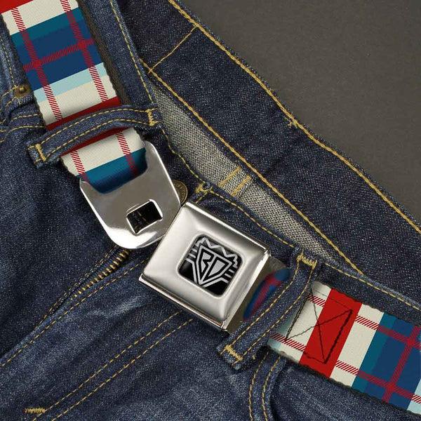 Buckle-Down BD Wings Logo CLOSE-UP Full Color Black Silver Seatbelt Belt - Tartan Plaid Khaki/Blues/Red Webbing