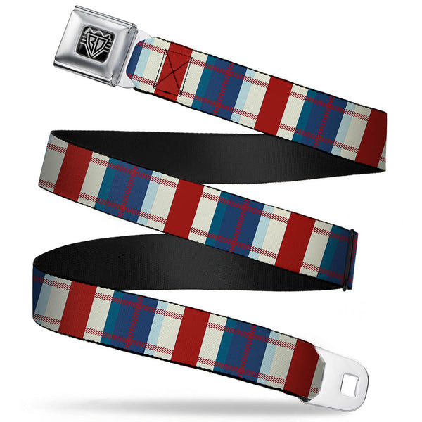 Buckle-Down BD Wings Logo CLOSE-UP Full Color Black Silver Seatbelt Belt - Tartan Plaid Khaki/Blues/Red Webbing
