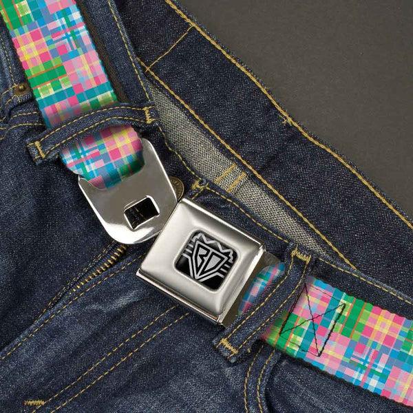 Buckle-Down BD Wings Logo CLOSE-UP Full Color Black Silver Seatbelt Belt - Madras Plaid Pink Webbing
