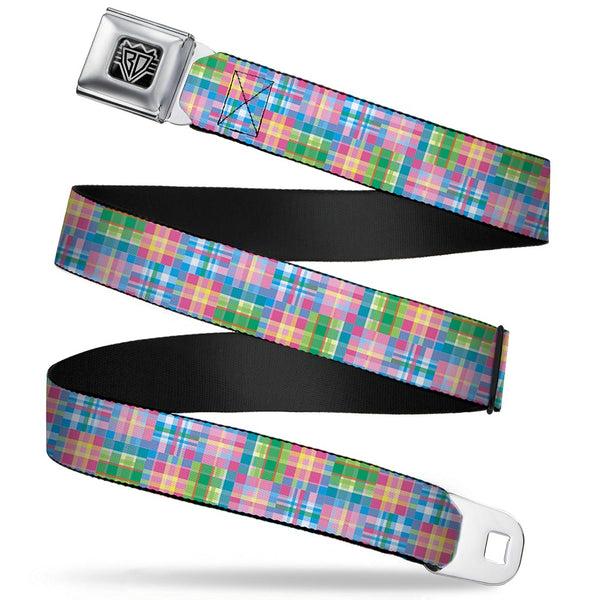 Buckle-Down BD Wings Logo CLOSE-UP Full Color Black Silver Seatbelt Belt - Madras Plaid Pink Webbing