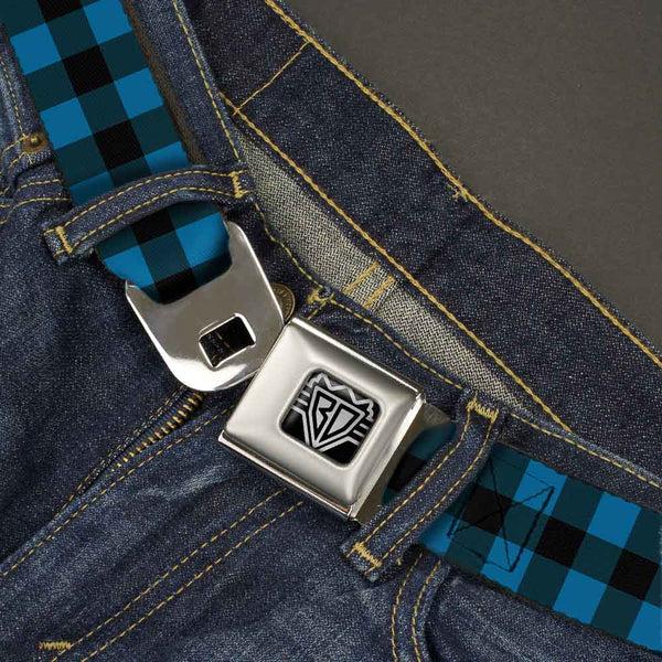 Buckle-Down BD Wings Logo CLOSE-UP Full Color Black Silver Seatbelt Belt - Buffalo Plaid Black/Turquoise Webbing