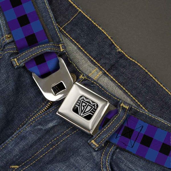 Buckle-Down BD Wings Logo CLOSE-UP Full Color Black Silver Seatbelt Belt - Buffalo Plaid Black/Blue Webbing