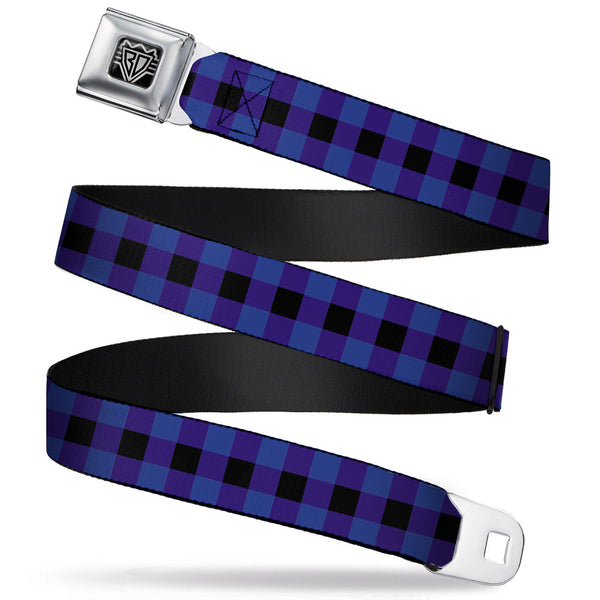 Buckle-Down BD Wings Logo CLOSE-UP Full Color Black Silver Seatbelt Belt - Buffalo Plaid Black/Blue Webbing