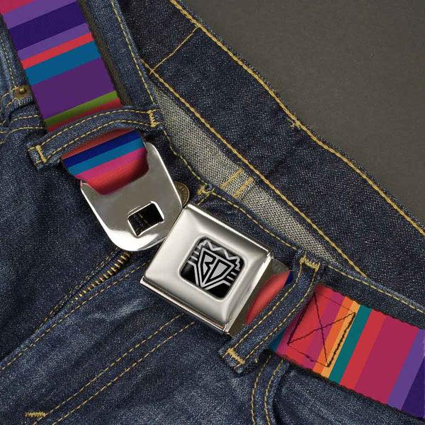 Buckle-Down BD Wings Logo CLOSE-UP Full Color Black Silver Seatbelt Belt - Lines Reds/Purples Webbing