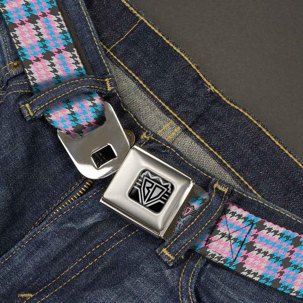 Buckle-Down BD Wings Logo CLOSE-UP Full Color Black Silver Seatbelt Belt - Mini Houndstooth Gray/Baby Blue/Pink Webbing
