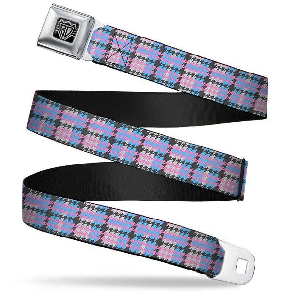 Buckle-Down BD Wings Logo CLOSE-UP Full Color Black Silver Seatbelt Belt - Mini Houndstooth Gray/Baby Blue/Pink Webbing