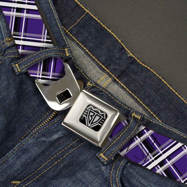 Buckle-Down BD Wings Logo CLOSE-UP Full Color Black Silver Seatbelt Belt - Houndstooth Gray/Purple/White Webbing