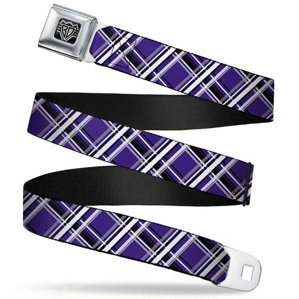 Buckle-Down BD Wings Logo CLOSE-UP Full Color Black Silver Seatbelt Belt - Houndstooth Gray/Purple/White Webbing
