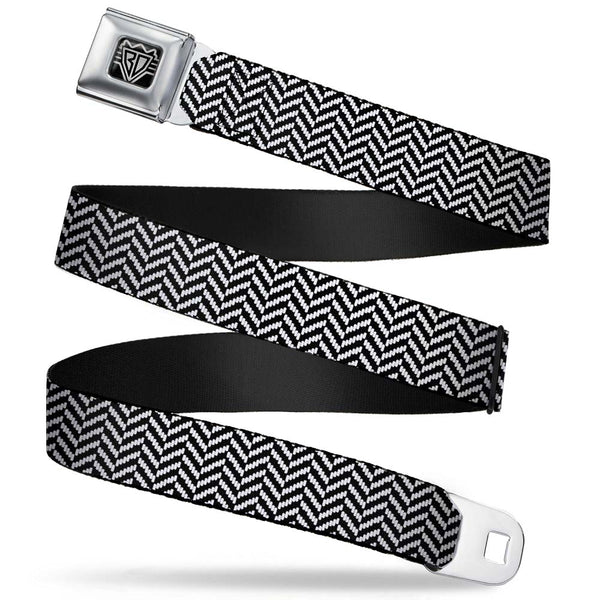 Buckle-Down BD Wings Logo CLOSE-UP Full Color Black Silver Seatbelt Belt - Herringbone Jagged Black/White Webbing
