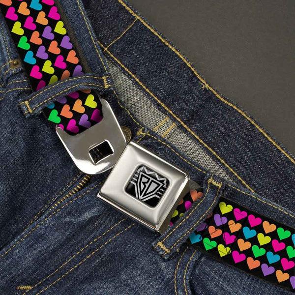 Buckle-Down BD Wings Logo CLOSE-UP Full Color Black Silver Seatbelt Belt - Mini Hearts Black/Multi Neon Webbing