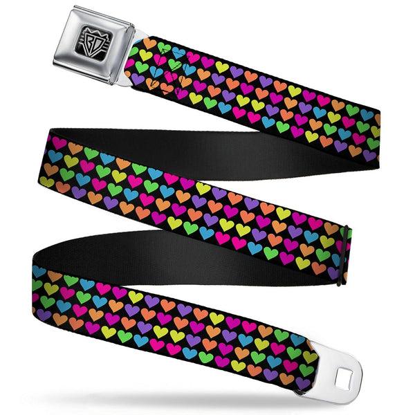 Buckle-Down BD Wings Logo CLOSE-UP Full Color Black Silver Seatbelt Belt - Mini Hearts Black/Multi Neon Webbing