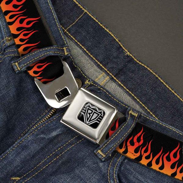 Buckle-Down BD Wings Logo CLOSE-UP Full Color Black Silver Seatbelt Belt - Flames Black/Orange/Red Webbing