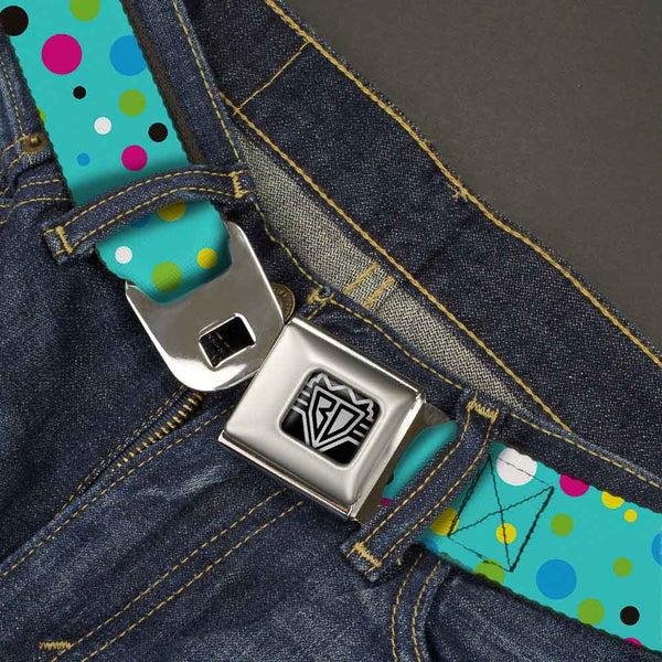 Buckle-Down BD Wings Logo CLOSE-UP Full Color Black Silver Seatbelt Belt - Dots Seafoam Green/Multi Pastel Webbing