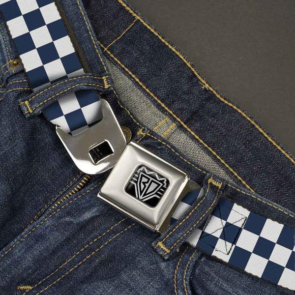 Buckle-Down BD Wings Logo CLOSE-UP Full Color Black Silver Seatbelt Belt - Checker Sapphire Blue/White Webbing