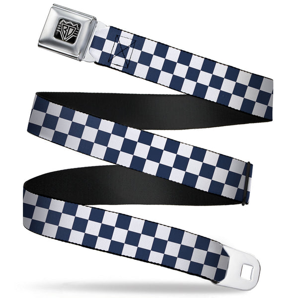 Buckle-Down BD Wings Logo CLOSE-UP Full Color Black Silver Seatbelt Belt - Checker Sapphire Blue/White Webbing
