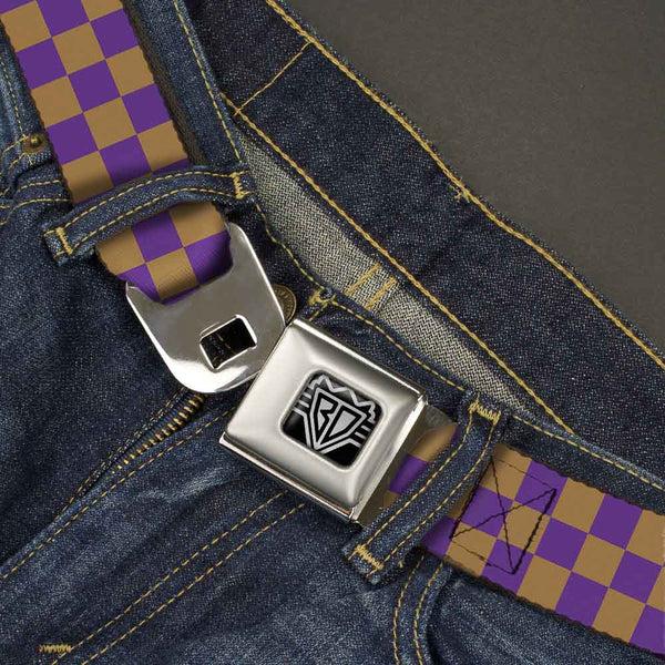 Buckle-Down BD Wings Logo CLOSE-UP Full Color Black Silver Seatbelt Belt - Checker Purple/Gold Webbing